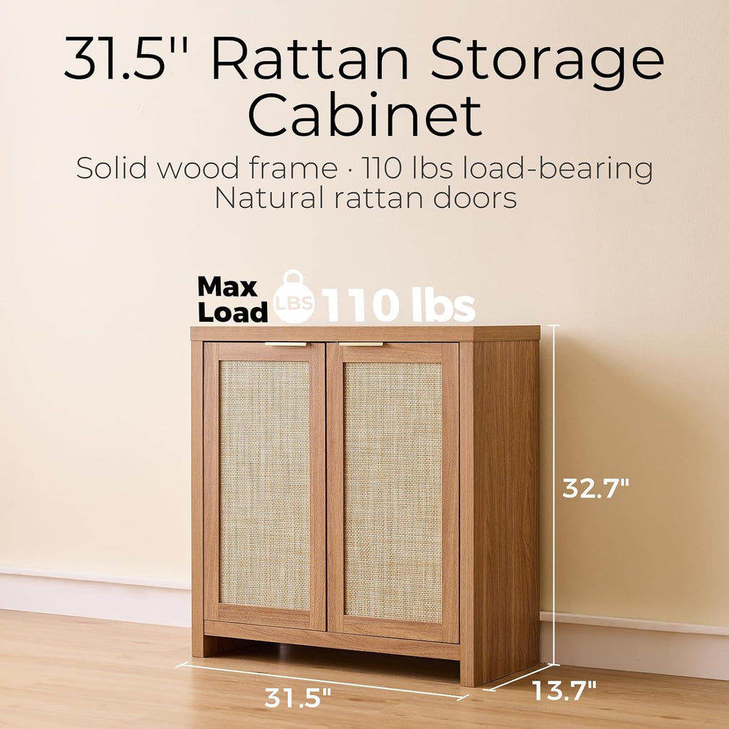 OAKHAM Home Rattan Sideboard Cabinet with Storage, Natural Oak, Set of 3 | Buffet Cabinet with 2 Soft-Close Doors, Adjustable Shelves and 110 lbs Top, For Living Room, Kitchen, Entryway