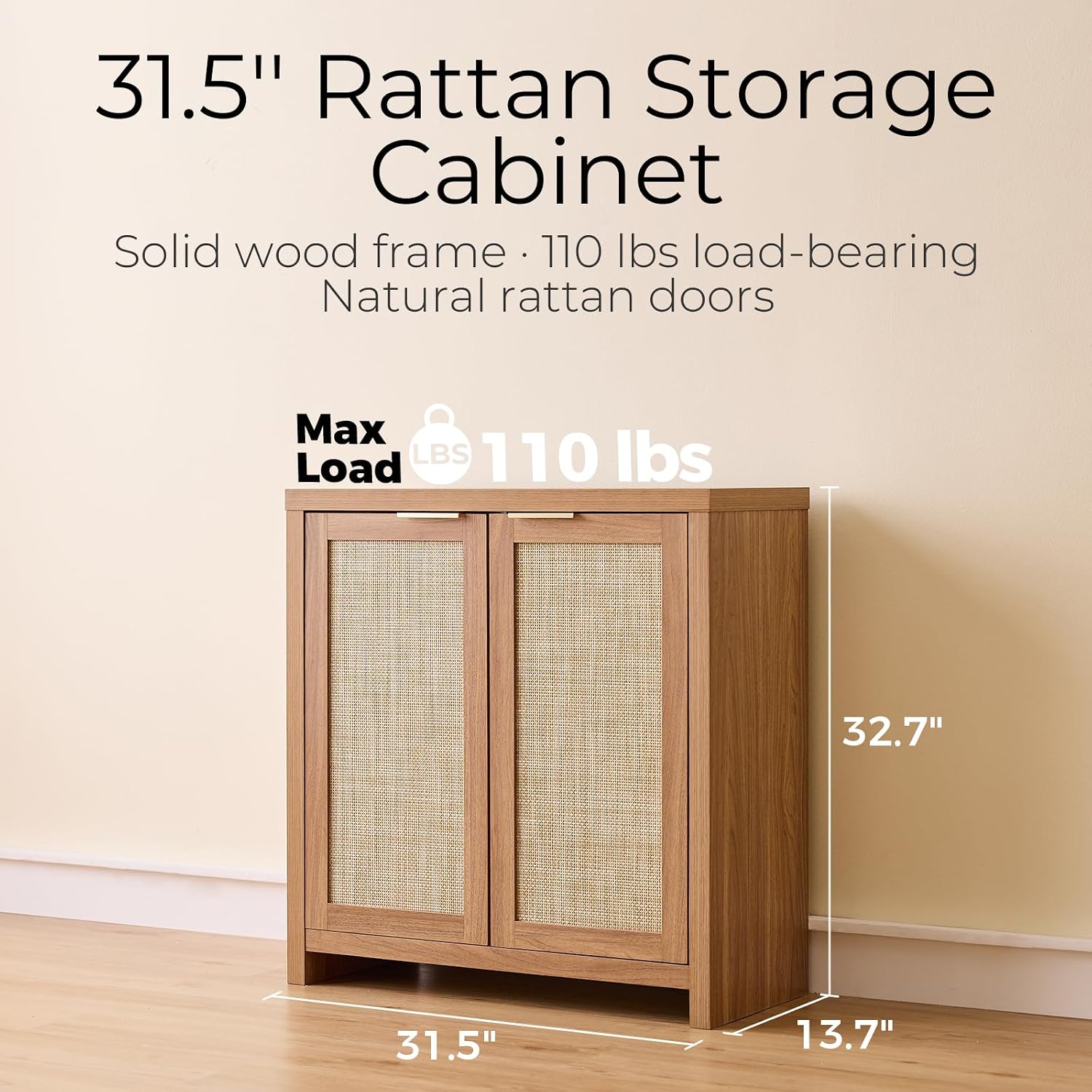OAKHAM Home Rattan Sideboard Cabinet with Storage, Natural Oak, Set of 3 | Buffet Cabinet with 2 Soft-Close Doors, Adjustable Shelves and 110 lbs Top, For Living Room, Kitchen, Entryway