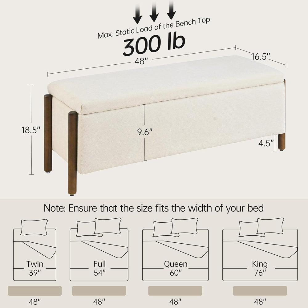 Usaint 47" Fabric Upholstered End of Bed Storage Ottoman Bench, Beige | ...