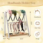 Headband Holder Organizer Metal 2-Tier Display Stand for Selling, Home Bedroom Headband Storage for Girls Women, Headband Stand Wood Base Can Store Hair Ties, White