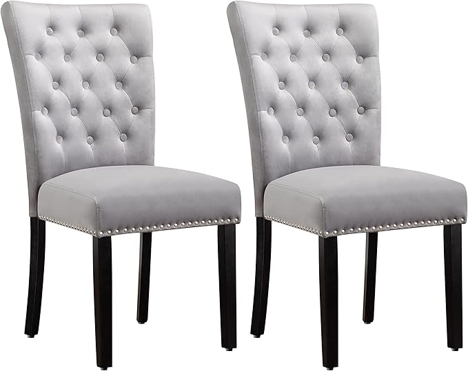 Velvet Dining Kitchen Chair Set of 2, Parsons Upholstered Dining Room Chair, Wood Accent Chair with Nailed Trim, Grey