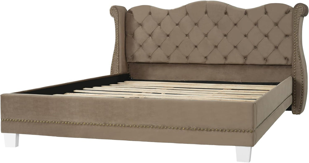 King Size Upholstered Bed Frame with Velvet Fabric &Thick Tufted Wingback...