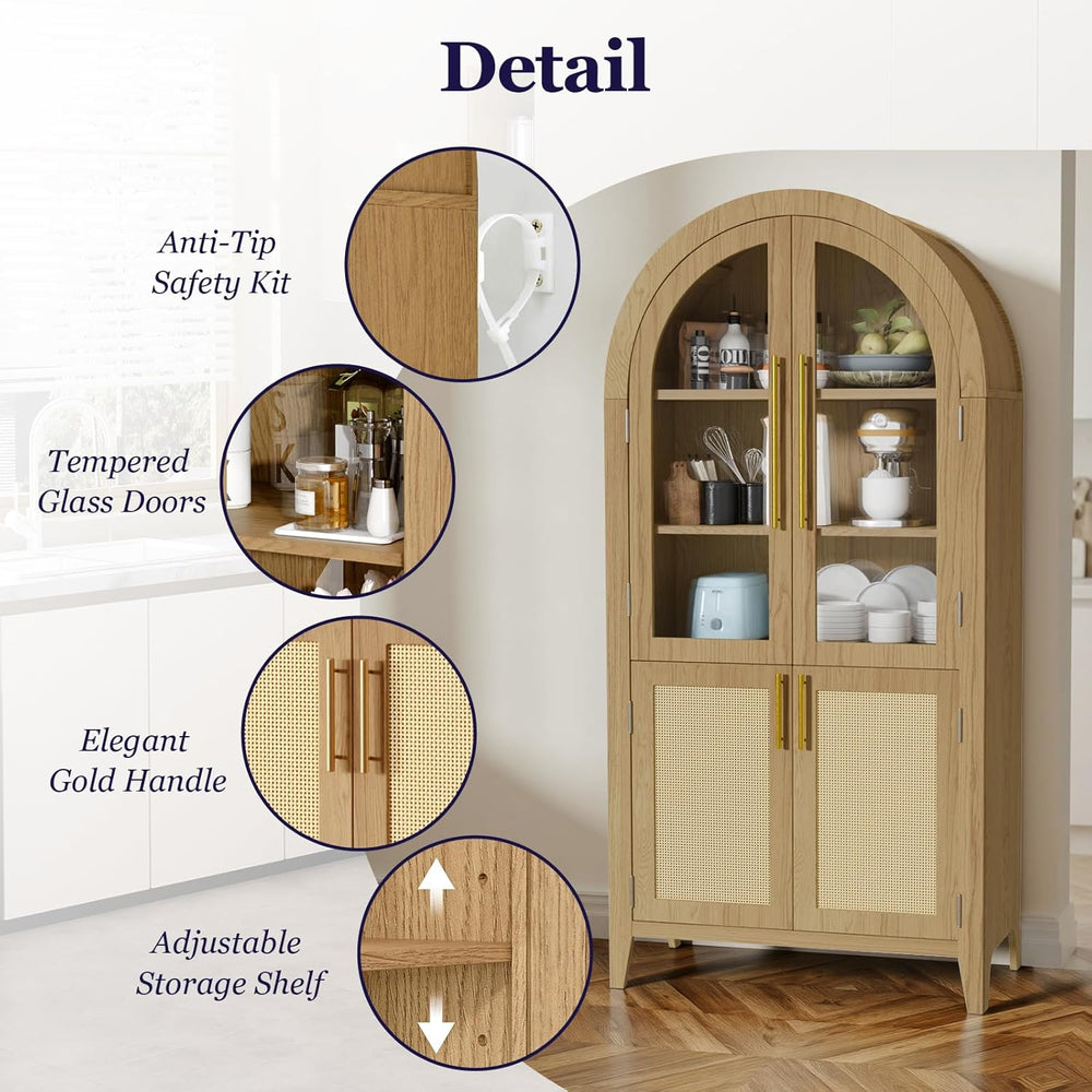 63" Tall Arched Cabinet with Glass Doors, Kitchen Pantry Storage Cabinet...