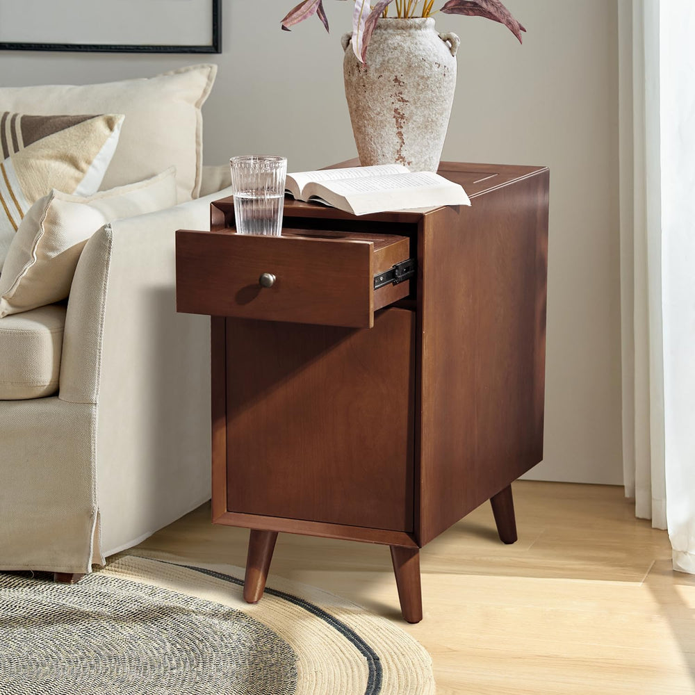 Mid Century Modern End Table with Charging Station, Wooden Side Table with US...
