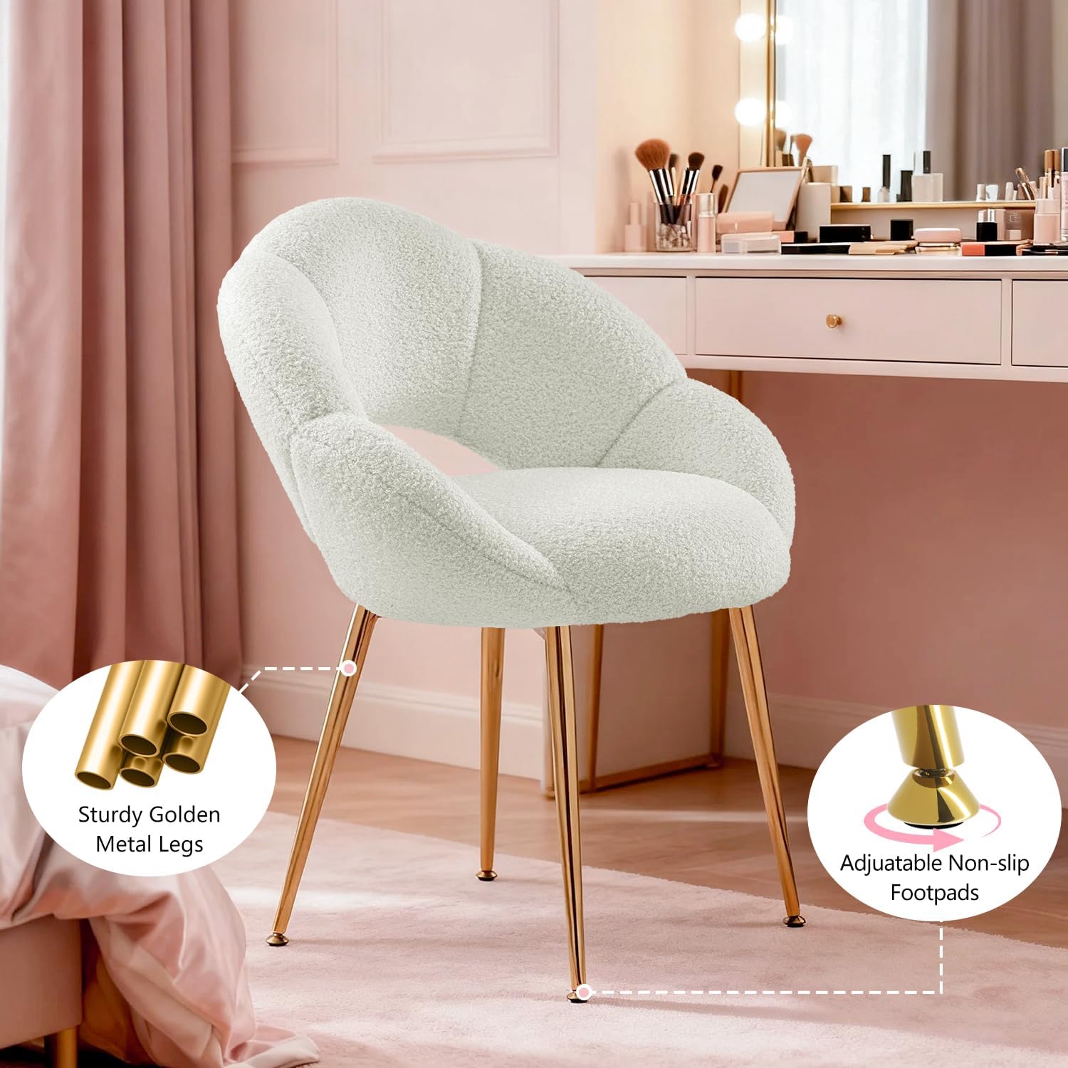 Petal Makeup Vanity Chair with Back,Modern Dining Chair,Upholstered Desk Chair for Girls with Gold Metal Legs for Home Office,Bedroom, (White)