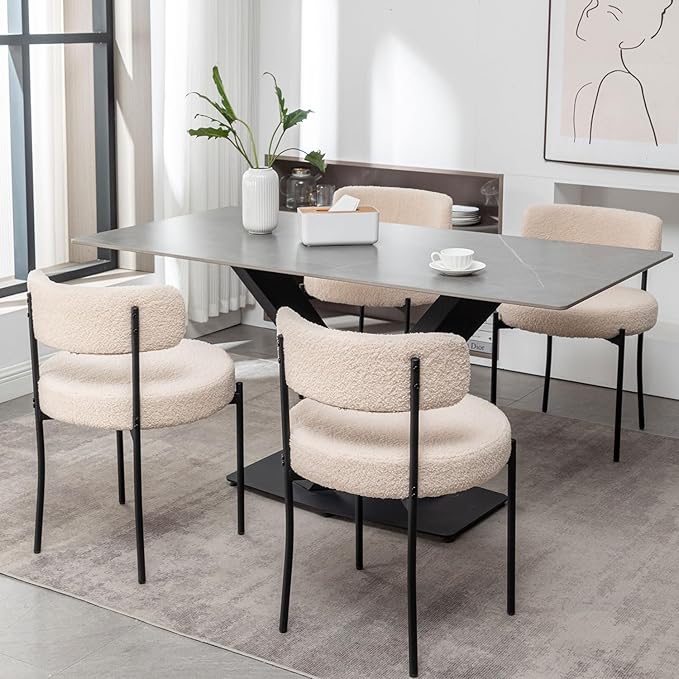 Boucle Dining Chairs Set of 4, Upholstered Dining Room Chairs with Black Meta...