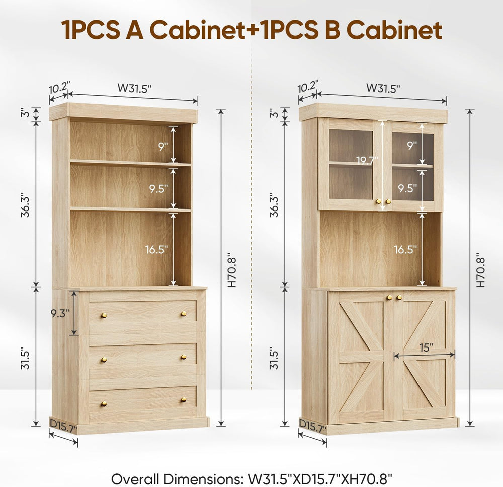 71" Farmhouse Kitchen Pantry Cabinet, Brown Freestanding Coffee Bar Hutc...