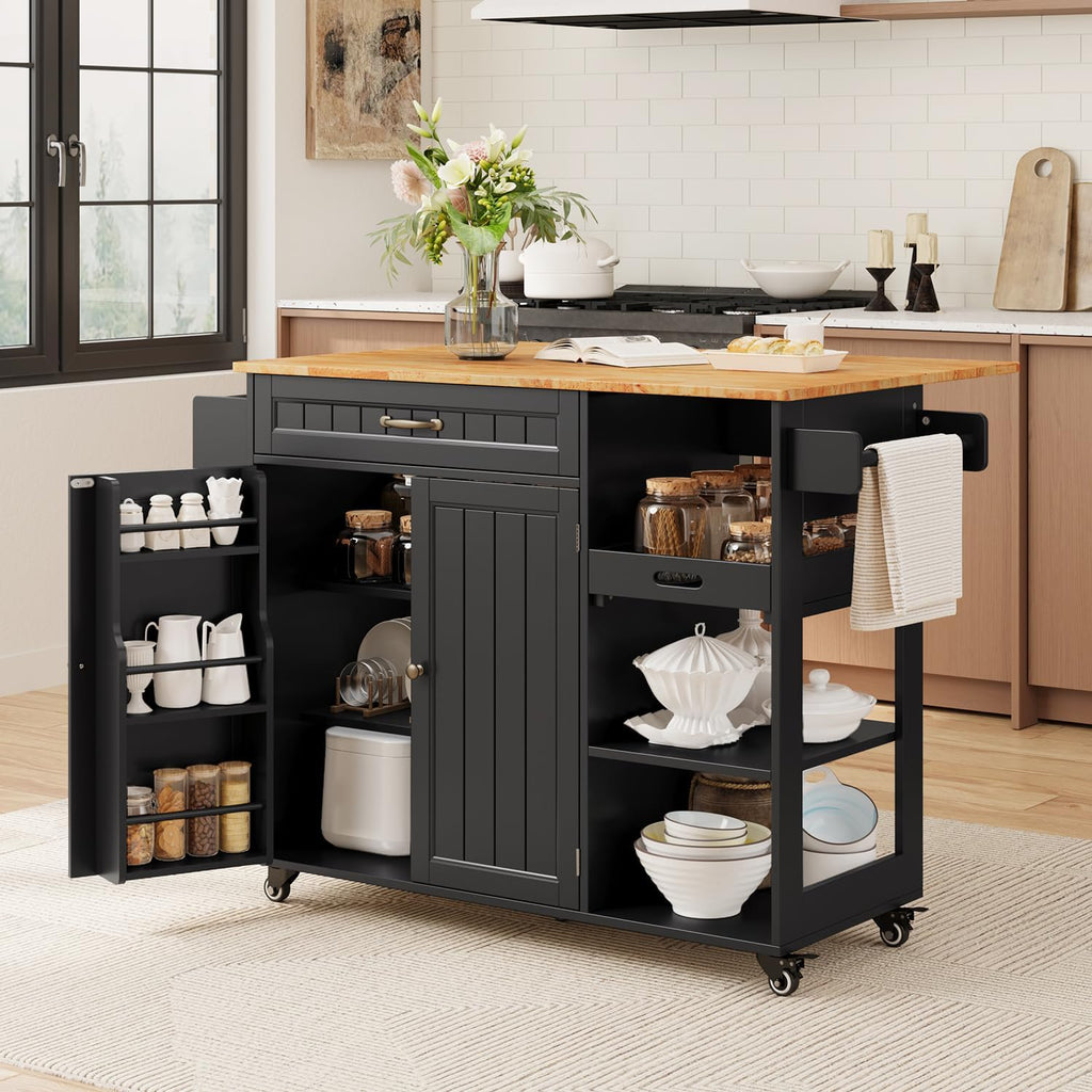 Gizoon 41.7" W Kitchen Island with Storage, Kitchen Island with Drop Leaf | Rolling Dining Cart with Foldable Countertop, 5 Wheels, Refrigerator Door, Adjustable Shelf Spice/Towel Rack, Black