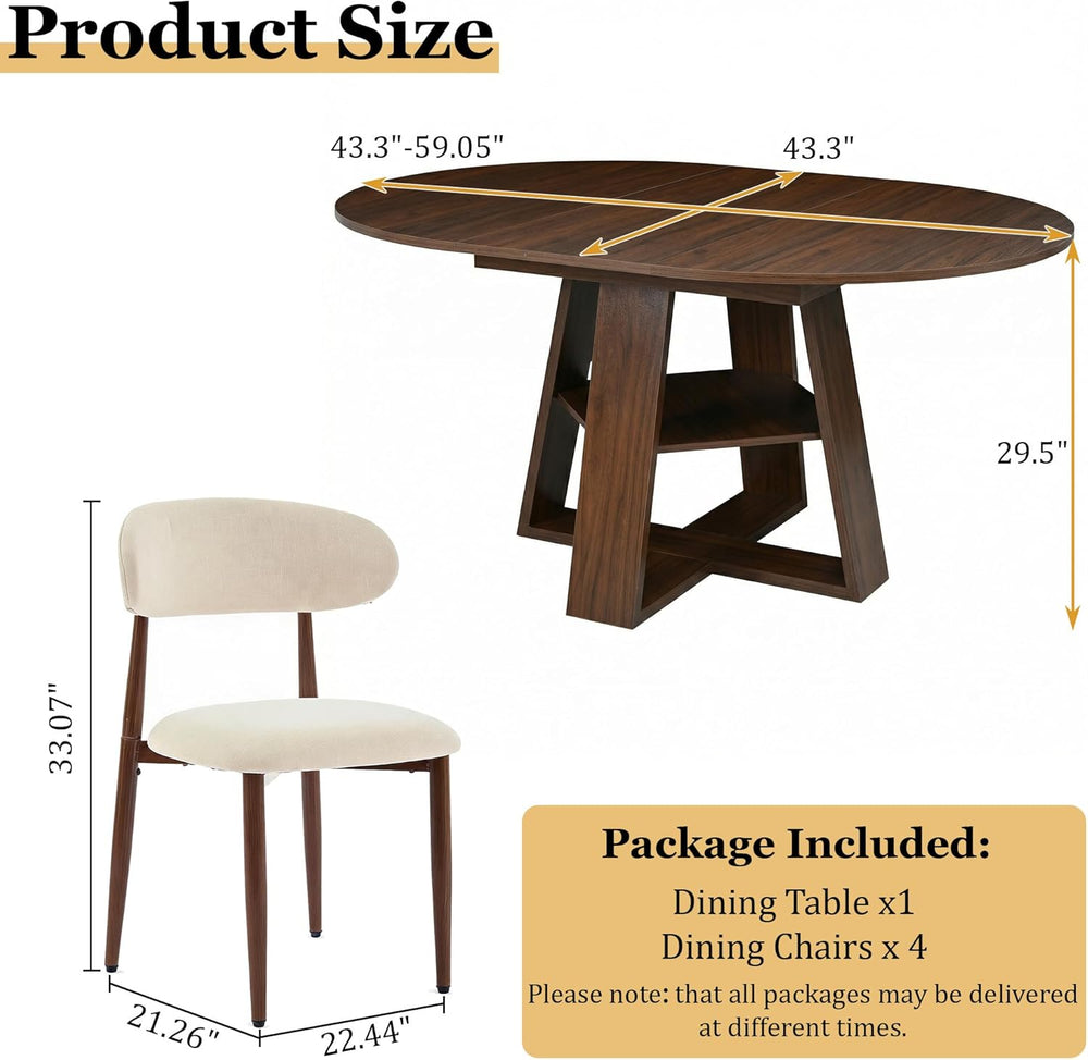 5-Piece Extendable Oval Dining Table Set, 43in-59in Wood Kitchen Table with 4...