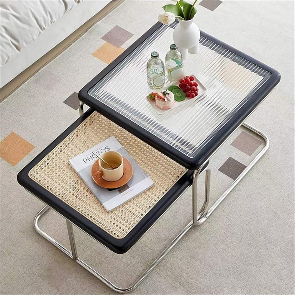 Square Nesting Coffee Table Set of 2, Modern Wooden Side Table, Stacking Smal...