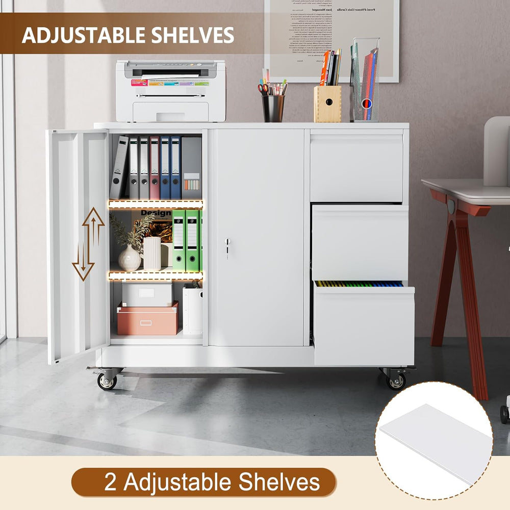 47" Rolling File Storage Locker Cabinet with 3-Drawer，Office Storage Cab...