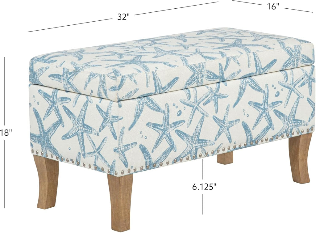Linon Stephanie Cream and Light Blue Starfish Fully Upholstered Bench with Hidden Interior Storage