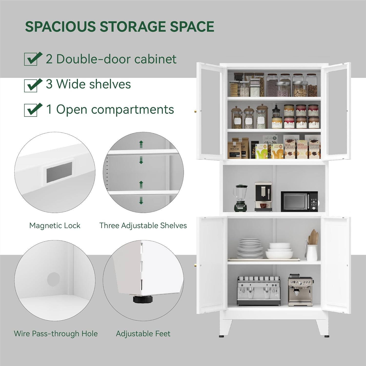 COFaR 69" Metal Pantry Cabinet,Metal Storage Cabinet with 2 Glass Doors | Tall Kitchen Pantry with Doors and Shelves, Microwave Shelf, Freestanding Cupboard for Kitchen, Dining Room, Bathroom, White