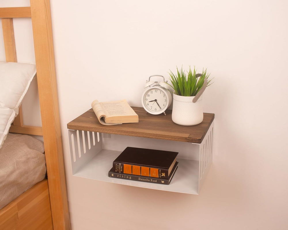 Floating Nightstand with White Metal Base, Wooden Top and Sturdy Metal Base, ...