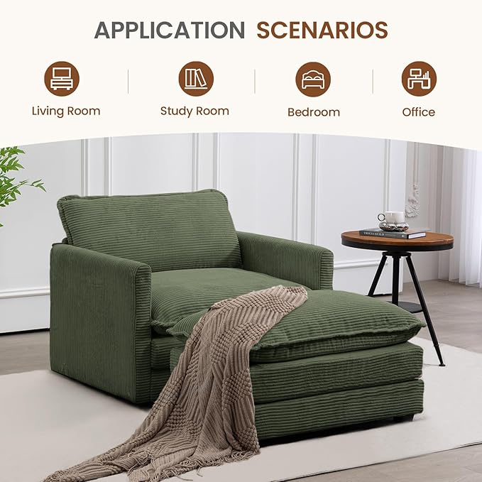 ROWHY Single Armchair with Ottoman, Modern Corduroy Cloud Couch with Converti...