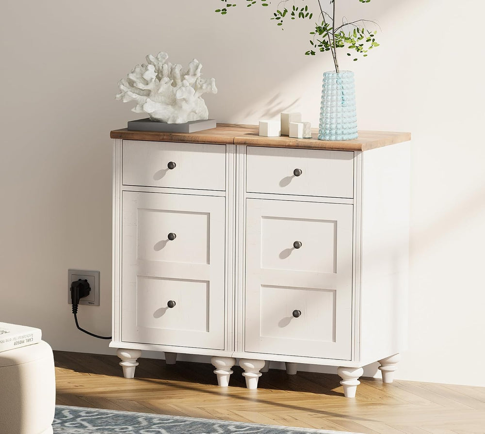 WAMPAT White End Table with Charging Station, Nightstand with Power Outlets &...