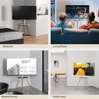 Tripod Easel TV Stand for 43-65" TVs, Height-Adjustable Swivel Corner Floor TV Stand with Wooden Tray, VESA 400x400 LCD/LED/OLED Compatible, Minimalist White