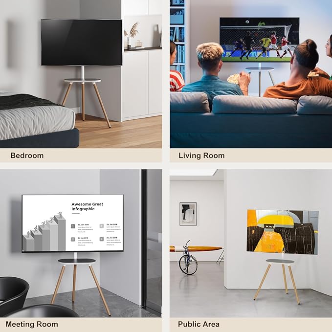 Tripod Easel TV Stand for 43-65" TVs, Height-Adjustable Swivel Corner Floor TV Stand with Wooden Tray, VESA 400x400 LCD/LED/OLED Compatible, Minimalist White