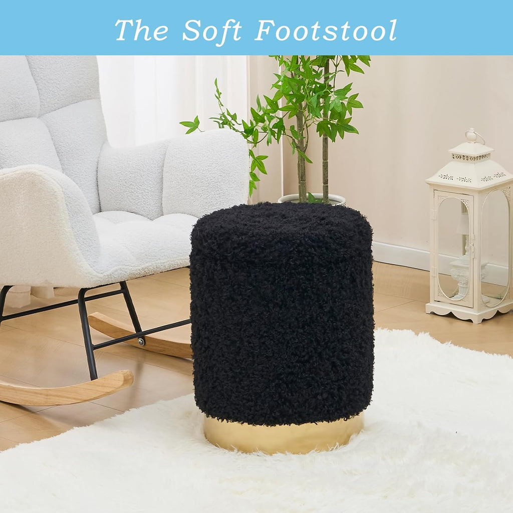 Velvet Storage Ottoman Multipurpose Footrest Stool with Metal Base Modern Round Vanity Stool Chair Ottoman Foot Stools Support 300 lbs Padded Seat for Living Room (Black-Long Wool)