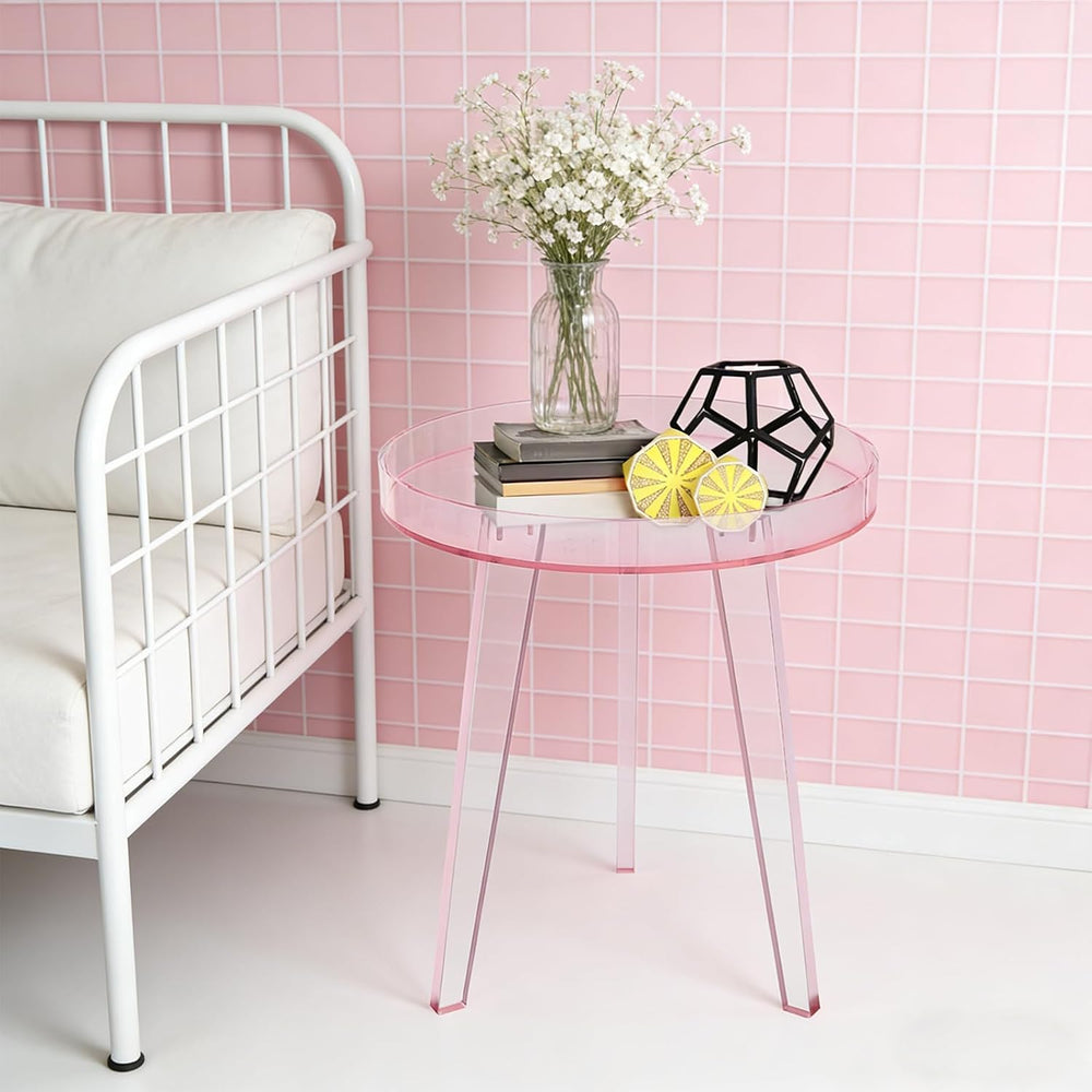 Clear Acrylic Side Table, Modern End Table with Storage Shelf, Small Round Be...