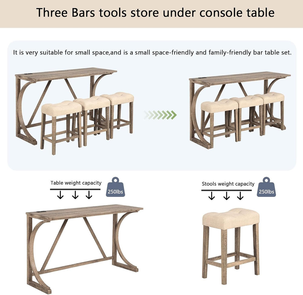 Knocbel Industrial 3-Person Counter Height Bar Table Set with Power Outlet, 4...