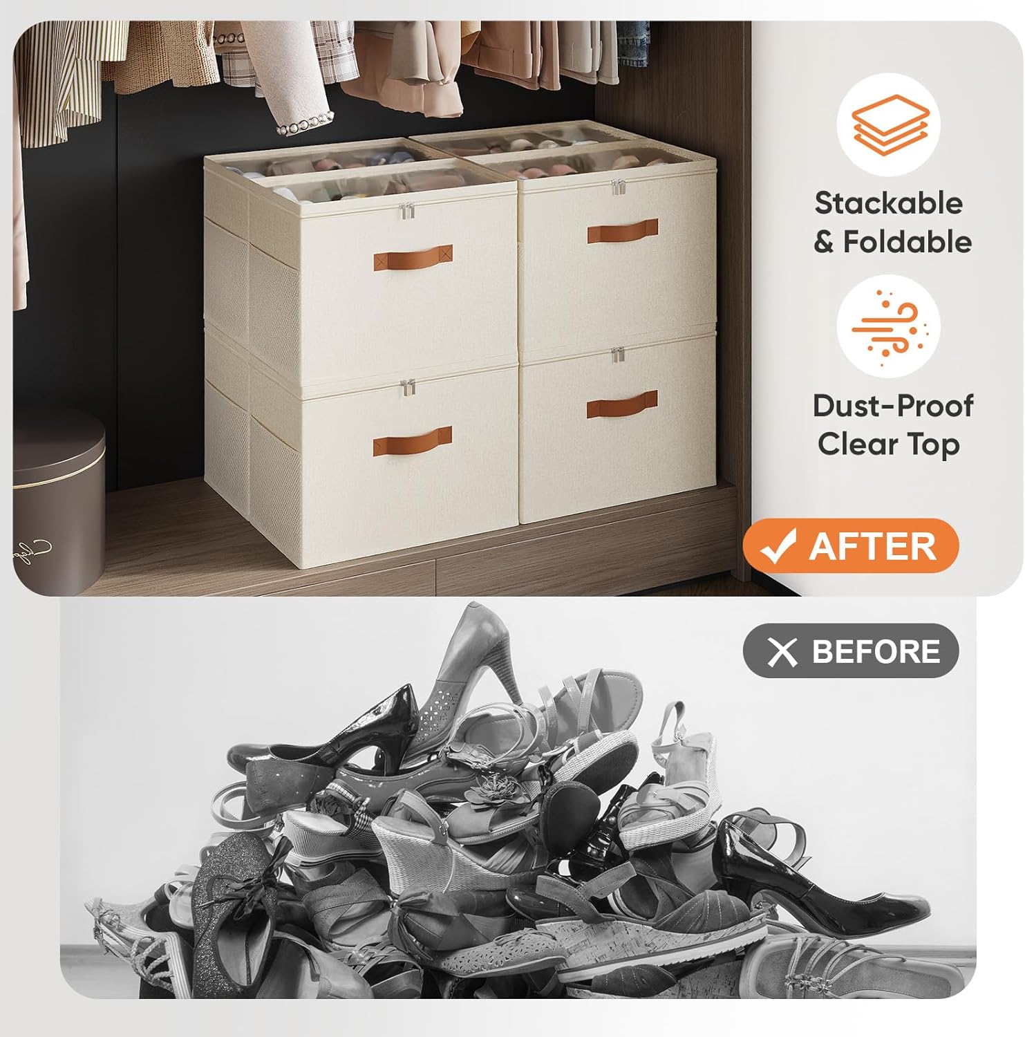 Shoe Organizer for Closet, 2 Pack Foldable Shoe Storage Organizer with Adjustable Dividers, Shoe Storage Box with Clear Cover, Fits up to 16 Pairs, Beige