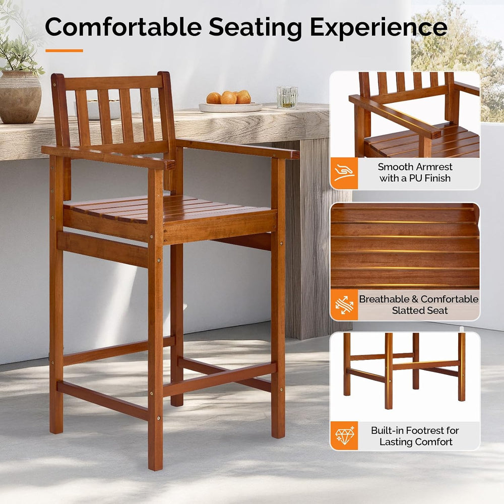 VINGLI Outdoor Bar Stools, Solid Wood Bar Stools Set of 2 Counter Height Bar ...