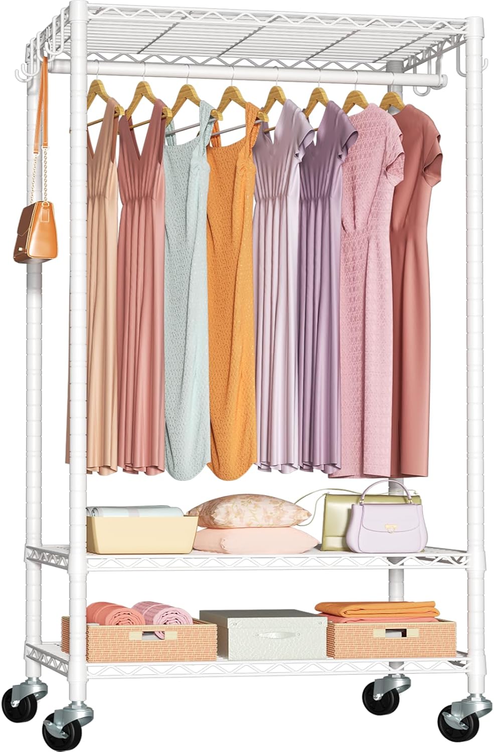 FUTASSI P6 Rolling Clothes Rack Heavy Duty, Clothing Racks for Hanging Clothes, Freestanding Garment Rack with Wheels, Portable Closet Rack Max Load 380 LBS, 35.5'' W x 14'' D x 74.6'' H, White
