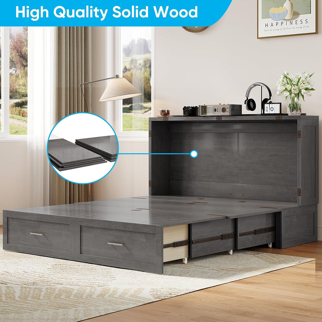 Mjkone Murphy Bed with Folding Mattress, Queen Size Cabinet Bed with USB Charging Station & Large Drawers, Cube Cabinet Beds for Guest Room, Home, Office (Grey)