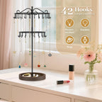 MODOWEY Rotating Necklace Holder Stand Organizer, 2 Tier Adjustable Extra Tall Metal Display Tree with Wooden Tray, 42 Hooks Pendant Hanger for Women Men, Stylish and Secure Jewelry Rack, Black