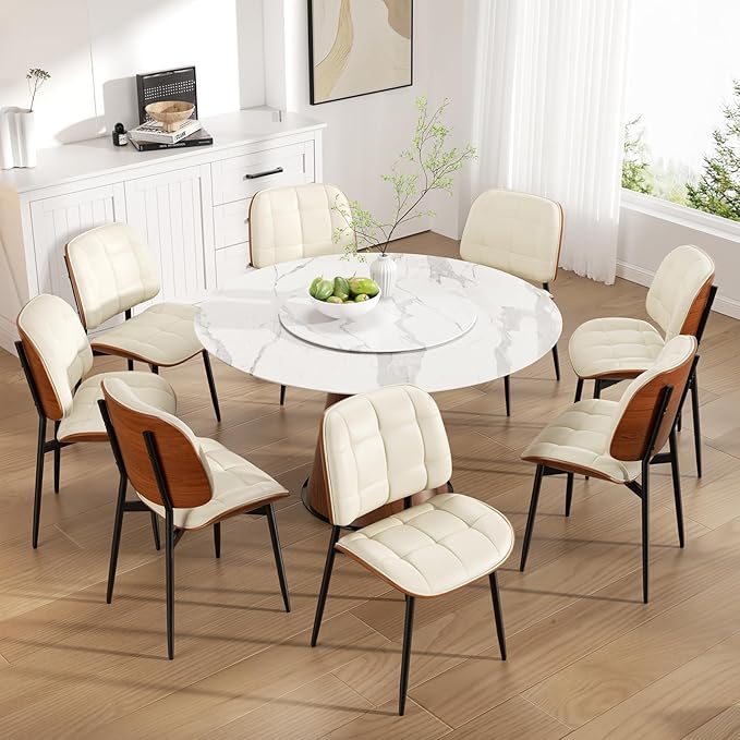 Dining Chairs Set of 6, Mid Century Modern Dining Room Chair with Thick Cushion, Upholstered Faux Leather Kitchen Chairs with Walnut Bentwood Back for Kitchen Dining Room, Beige
