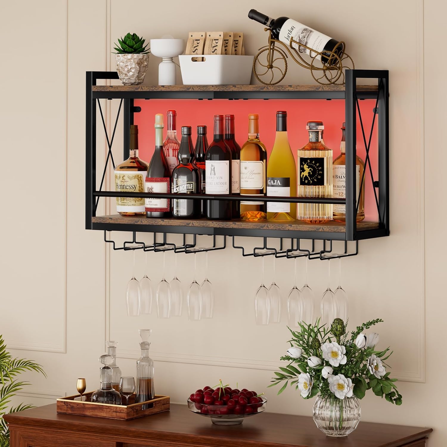 Shikha LED Wall Mounted Wine Rack with Glass Holder for Home Bar Kitchen | 31.4 Inch Retro Hanging Wine Display Shelf with RGB LED Lights, Stemware Holder, 2 Tier Wood-Metal Wine Bottle Storage Rack