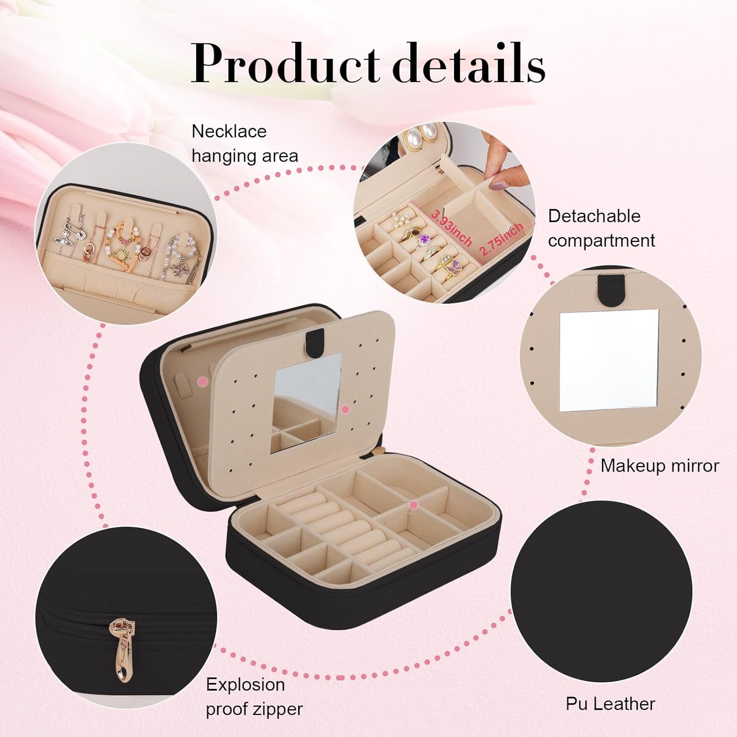TopPerfekt Travel Jewelry Case, Jewelry Box with Mirror, Jewelry Organizer Bridal Shower Gifts to Her, Earring Storage Travel Case, Trendy Gift for Women and Girls, Girlfriend-pure Black