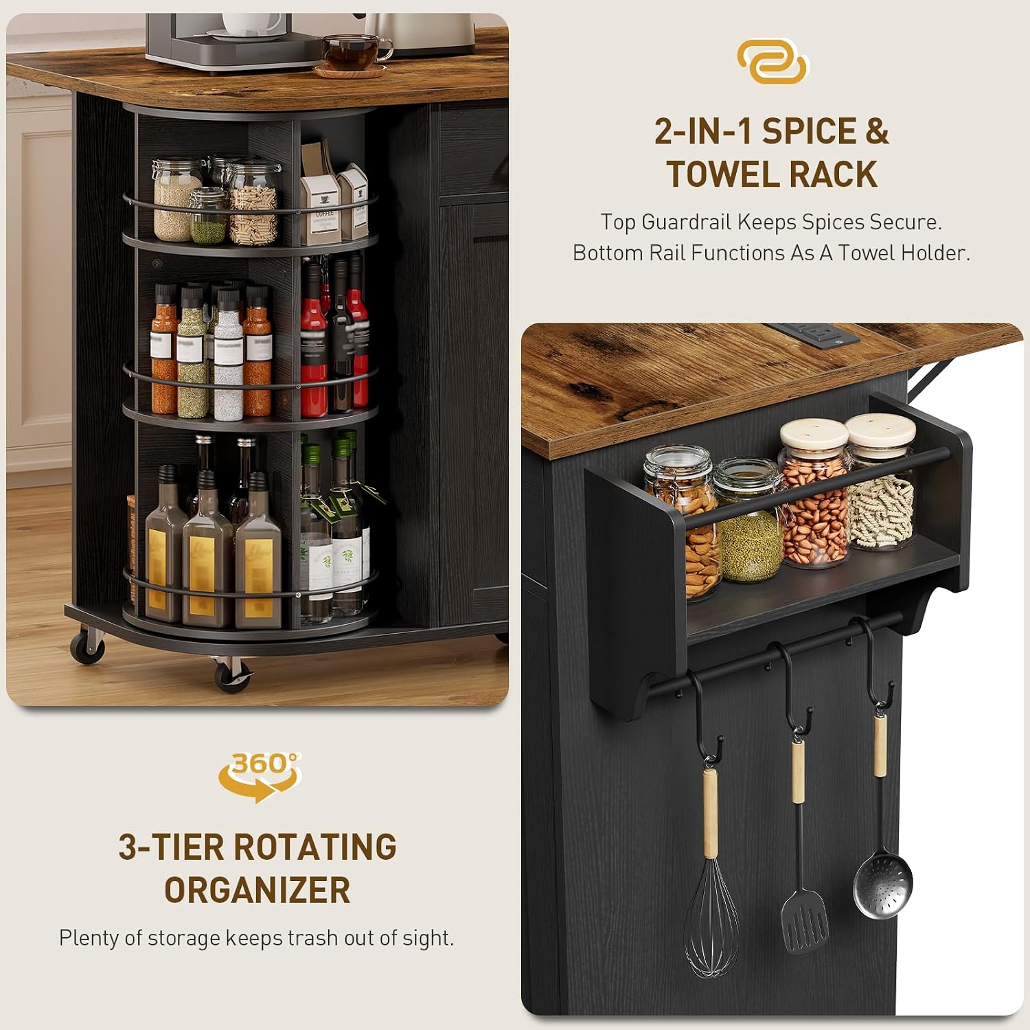 RALGEND Kitchen Island with Power Outlet & Drop Leaf, Kitchen Rolling Island with Rotating Organizer, Kitchen Island Cart with Storage Cabinet, Mobile Island Table for Kitchen, Black and Rustic Brown