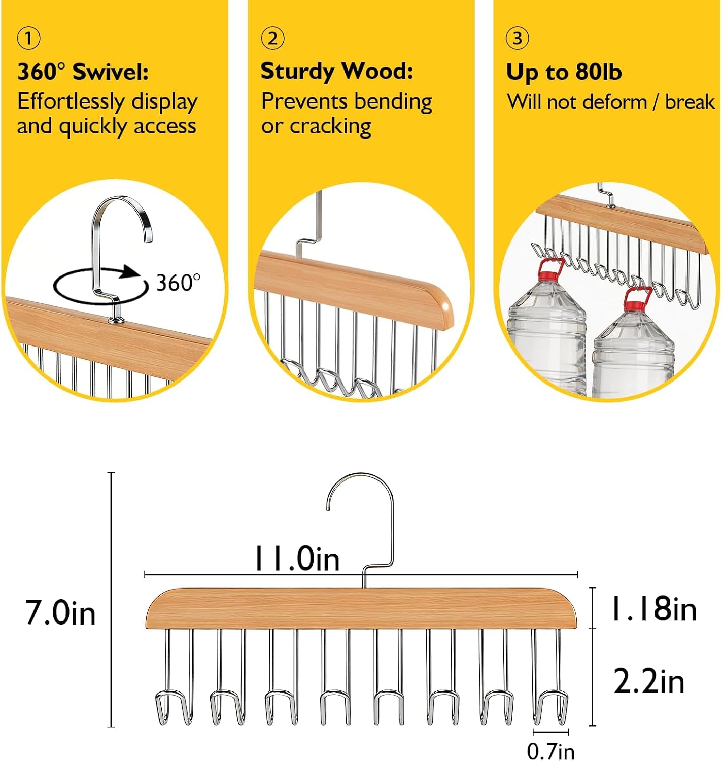 Bra Hangers for Closet Organizer with 16 Metal Hooks Belt Hanger for Closets Space Saving Multi Hook Hanger Non-Slip Tank Top Hanger 360°Rotating Display Belt Organizer for Tie, Hat, Bra Wooden 3 Pack