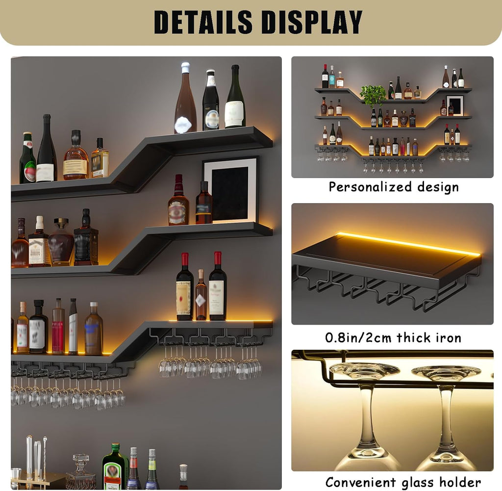31.5"Modern LED Wine Rack Wall Mounted,3-Tier Floating Bar Shelves | Large Hanging Liquor Shelf Wall Mounted with Wine Glass Rack,DIY Modular WaveDesign,Black Metal for Home Bar Dining Room Cafe