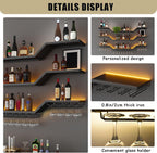 31.5"Modern LED Wine Rack Wall Mounted,3-Tier Floating Bar Shelves | Large Hanging Liquor Shelf Wall Mounted with Wine Glass Rack,DIY Modular WaveDesign,Black Metal for Home Bar Dining Room Cafe