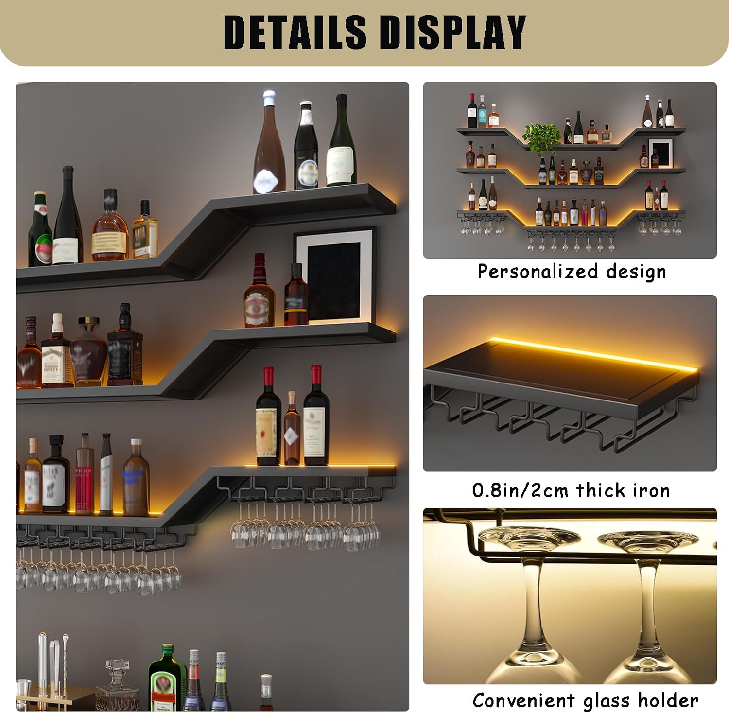 31.5"Modern LED Wine Rack Wall Mounted,3-Tier Floating Bar Shelves | Large Hanging Liquor Shelf Wall Mounted with Wine Glass Rack,DIY Modular WaveDesign,Black Metal for Home Bar Dining Room Cafe