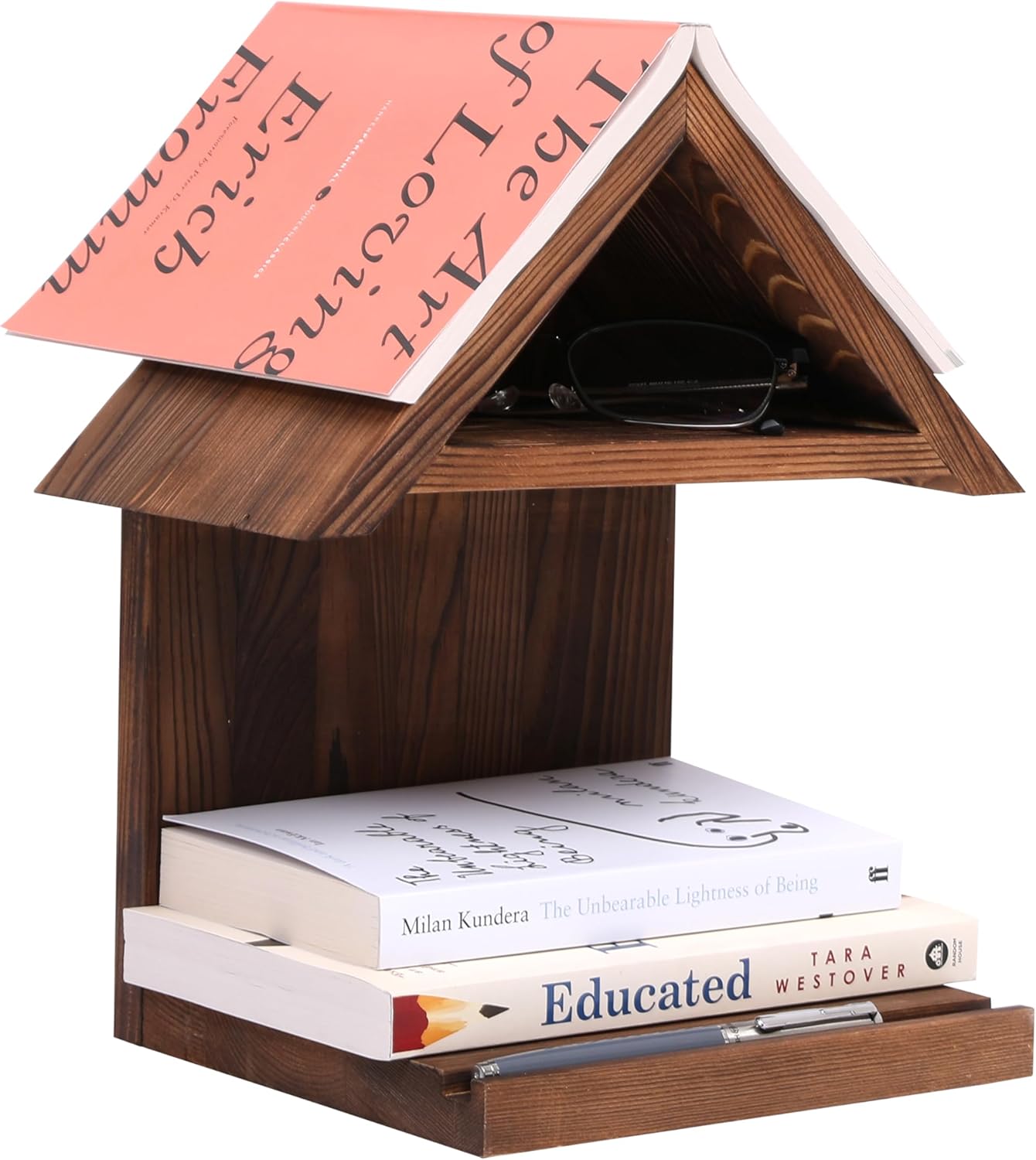 Floating Bedside Wood Bookshelf, Triangle Book Page Holder, Wooden Simple Bookcase for Bedroom Nightstand Library Office or Wall Decor Storage (Brown)