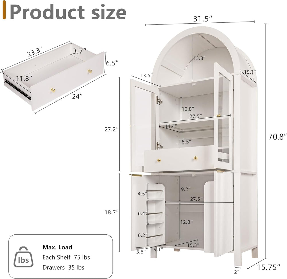 71" Tall Arched Cabinet, Modern Farmhouse Kitchen Storage Cabinet with A...
