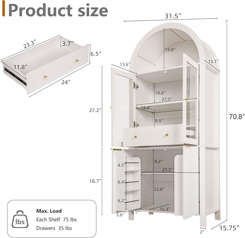 71" Tall Arched Cabinet, Modern Farmhouse Kitchen Storage Cabinet with Adjustable Shelves, Display Storage Hutch with Hidden Drawer & Glass Door for Kitchen, Living Room, Dining Room, White