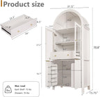 Fluted Tall Arched Pantry Cabinet with Adjustable Shelves & Hidden Drawer - Glass Door Storage for Kitchen, Living Room, Dining Room - Modern Elegant Display Unit (White)