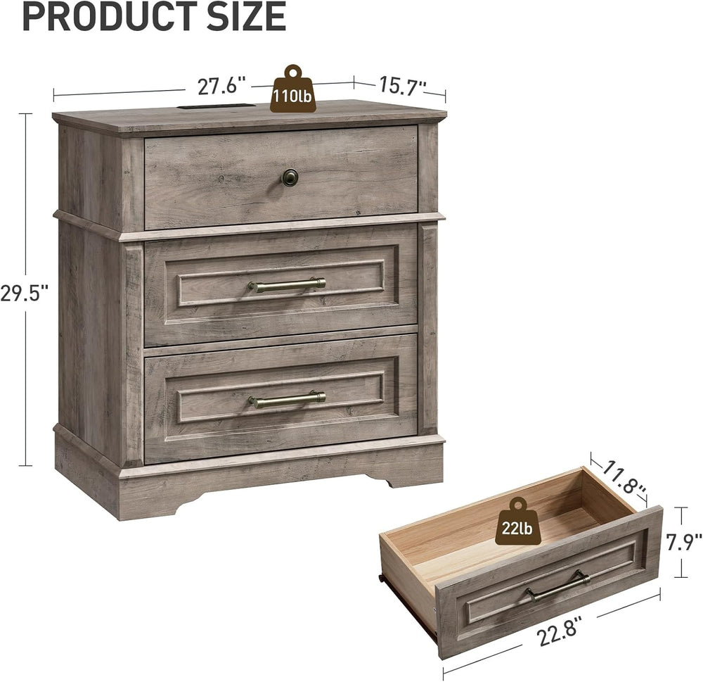RALGEND 3 Drawer Tall Nightstand with Charging Station, Farmhouse Bedside Tab...