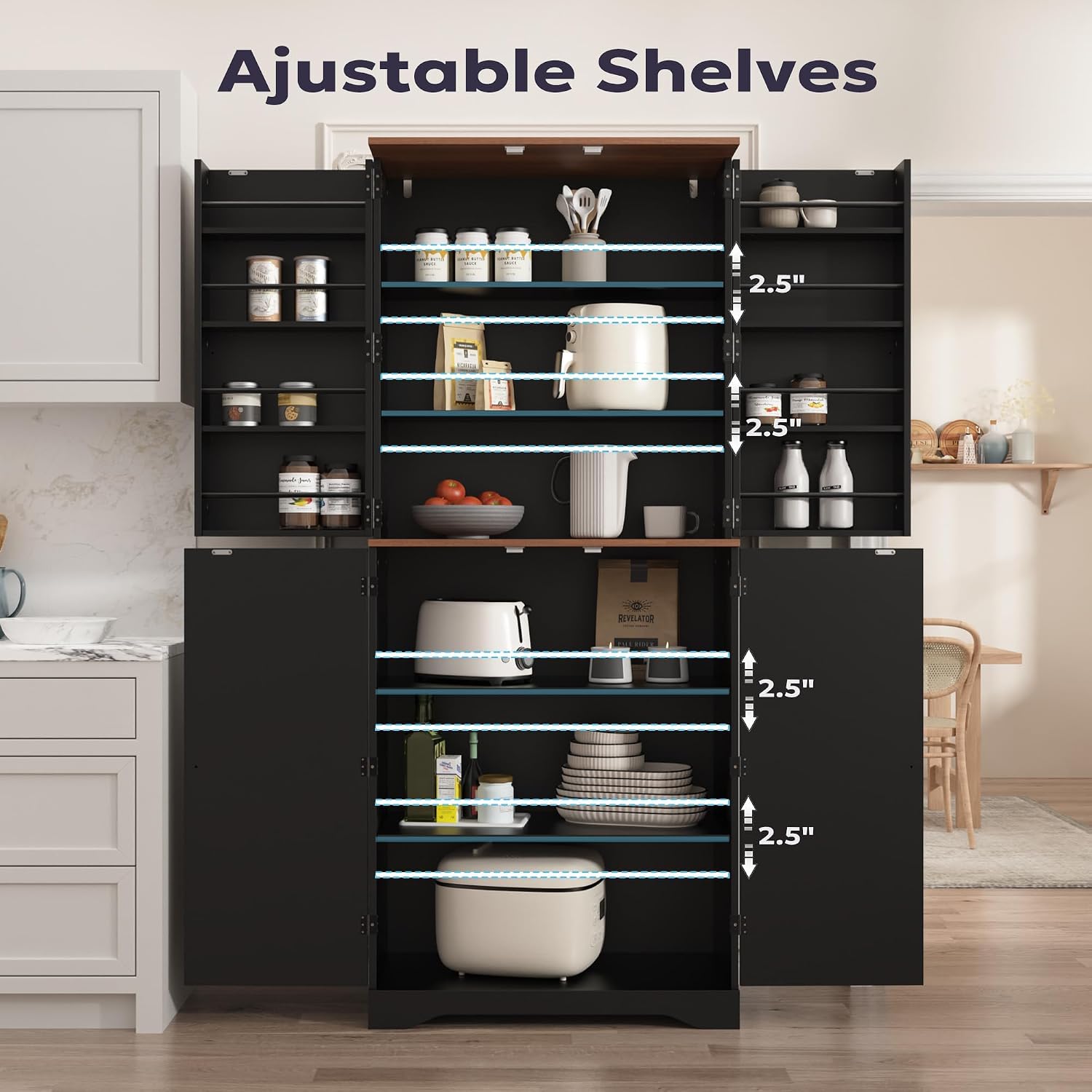 Furnify 72" Tall Kitchen Pantry Cabinet with Door Organizer, Black | Farmhouse Rustic Tall Buffet Cabinet with Adjustable Shelves, Freestanding Storage Cupboard for Kitchen Dining Room Bathroom