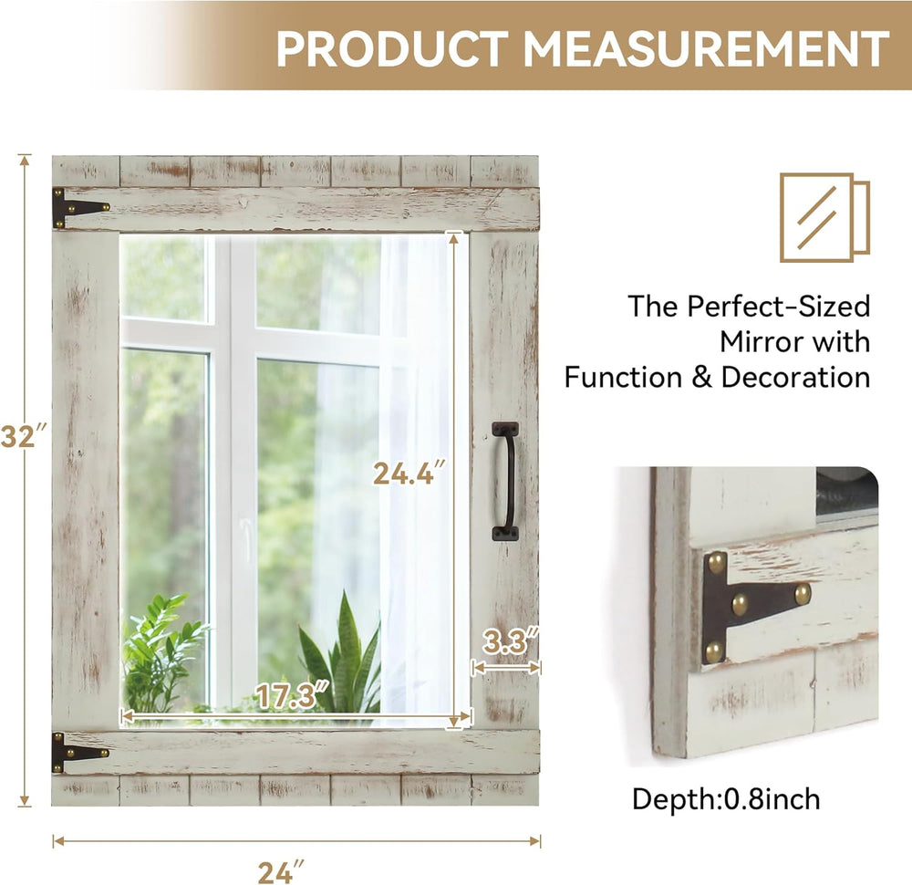Oakrain Farmhouse Mirror, 24x32 Inch Distressed Gray Wood Frame with Black Me...