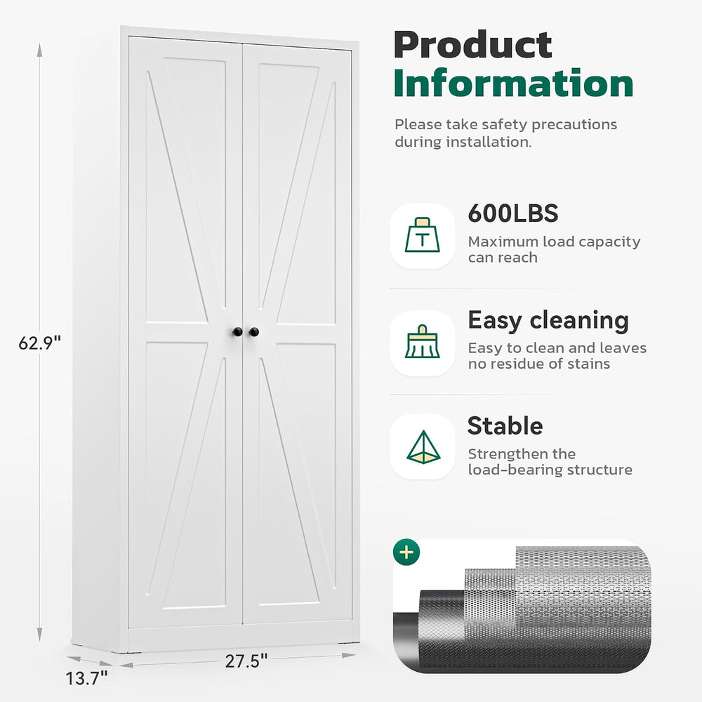Greenvelly Metal Pantry Cabinet, 63” White Kitchen Pantry Cabinet with Doors ...