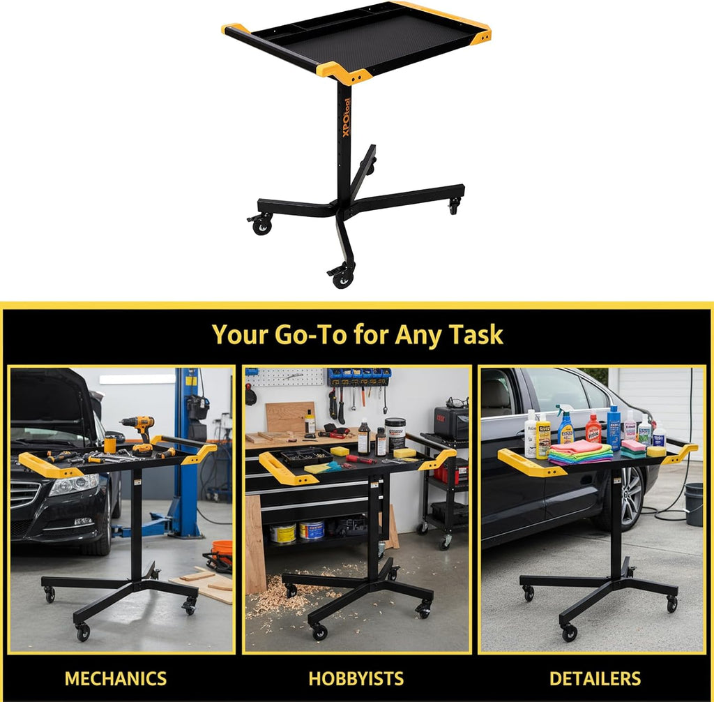 Adjustable Height Mobile Work Table, Rolling Tool Cart – Heavy-Duty Steel Service Stand for Mechanics, Garage, Workshop & DIY Projects – 34” to 48” Portable Workstation