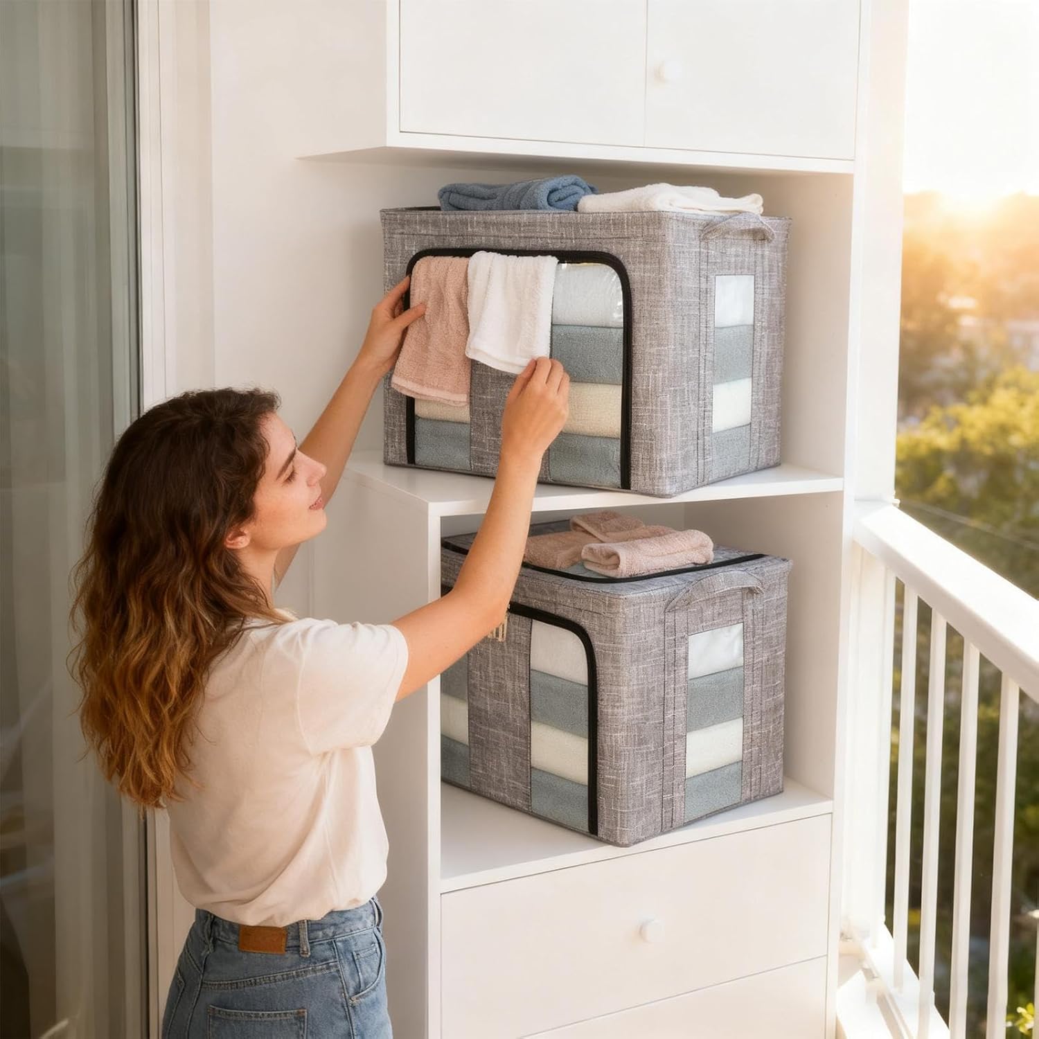 Storage Bins for Clothes - 66L with Clear Window Box - Large Clothes Storage Bins with Lids - for Bedroom Home Apartment Closet Fabric Bed Sheets Comforter Toys Garment Organization