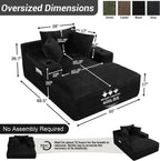 50" x 68" Corduroy Chaise Lounge, Cup Holders, Black | Oversized corduroy chaise with a deep sleeper seat, built-in cup holders, and 3 pillows for reading, lounging.