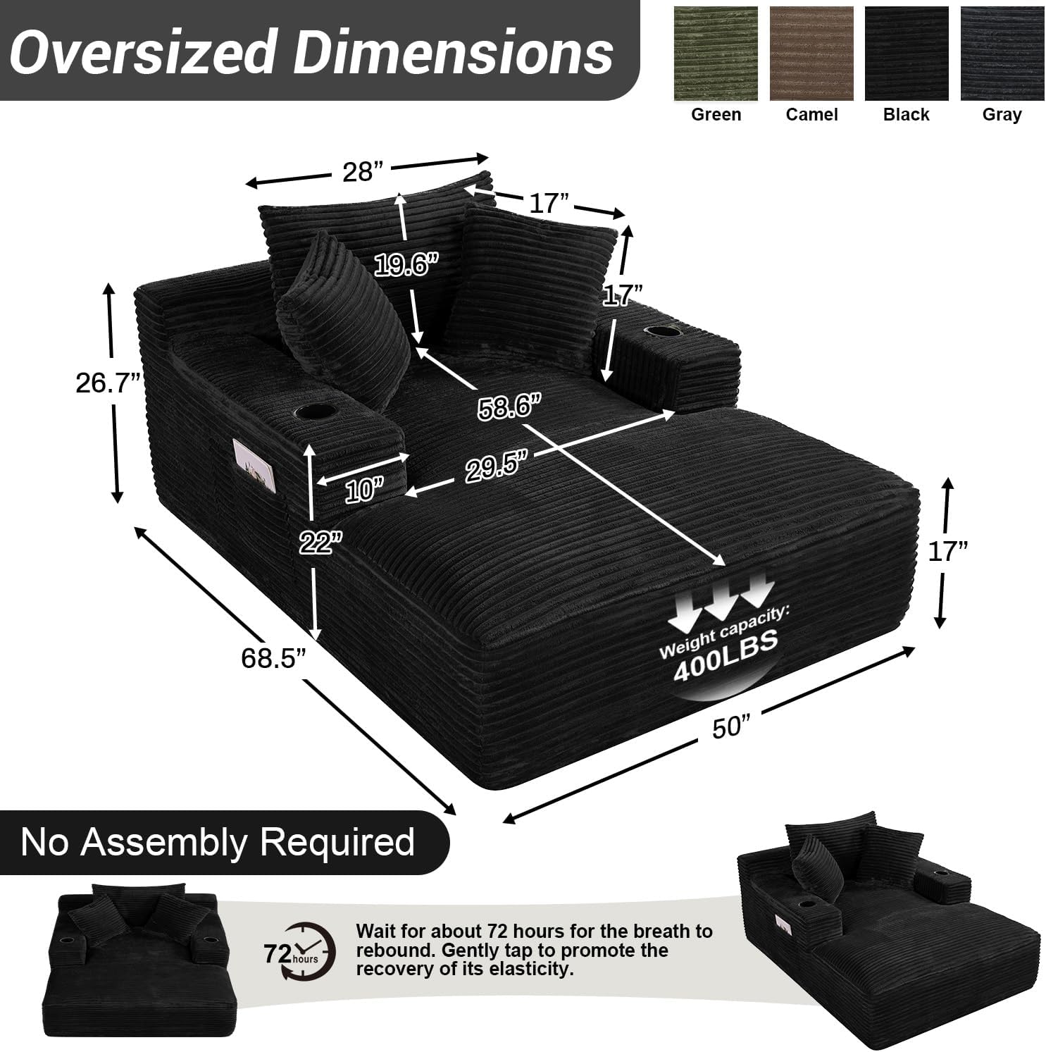 50" x 68" Corduroy Chaise Lounge, Cup Holders, Black | Oversized corduroy chaise with a deep sleeper seat, built-in cup holders, and 3 pillows for reading, lounging.